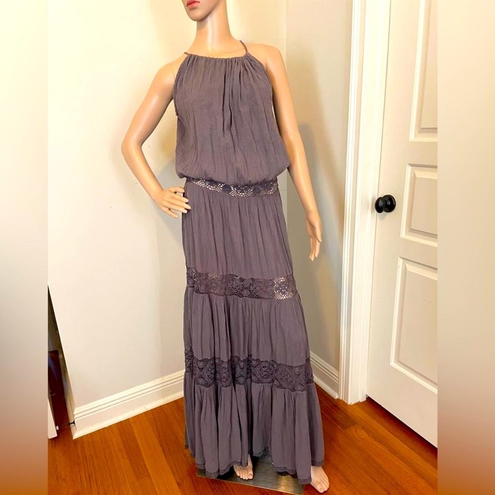 Michelle Jones Hippie Gauze Crochet Maxi Dress, Size Small, Gray color